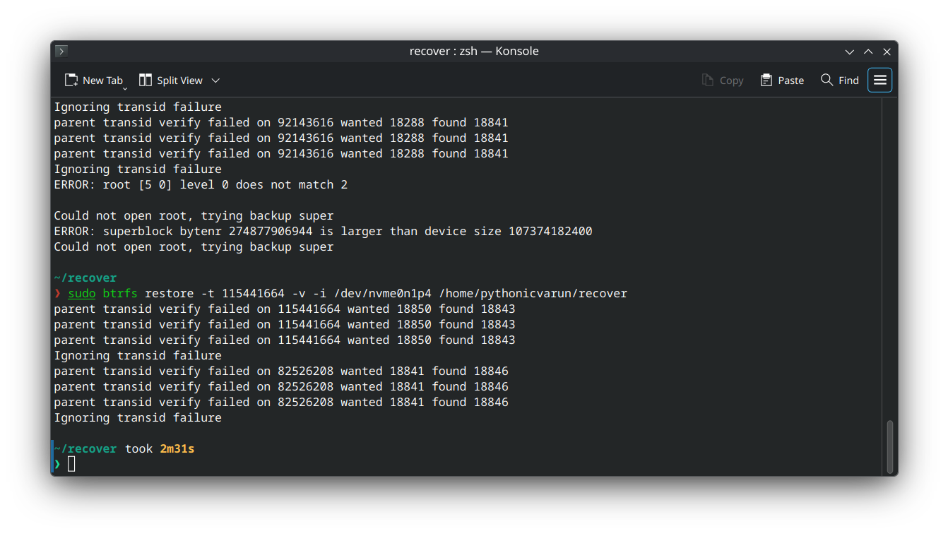 Two btrfs restore attempts, one failing to open the root and the next grinding through transid verify failures for two and a half minutes