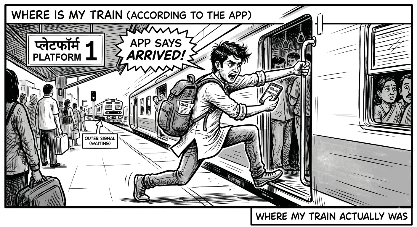 Comic panel: sprinting to board a train as the app shows it already arrived